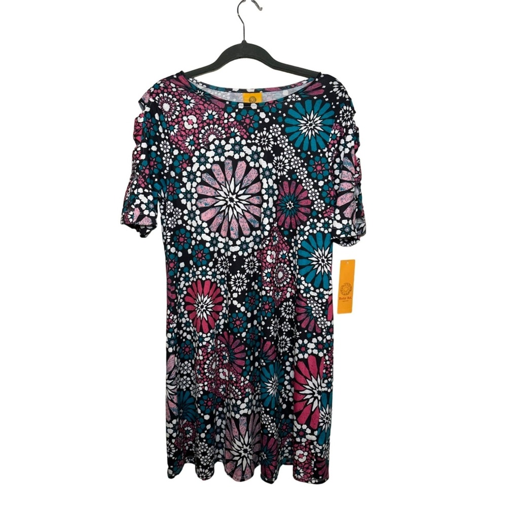 Ruby Rd‎ Small Pink Blue Medallion Print Cutout Sleeve Dress Vibrant Chic Artsy
